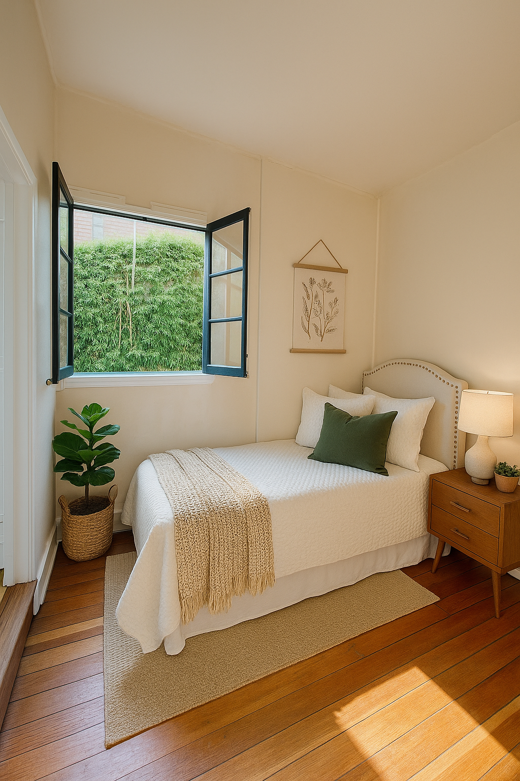 A bedroom with a single bed and a window.