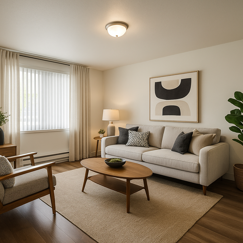 A living room with a couch , chair and coffee table