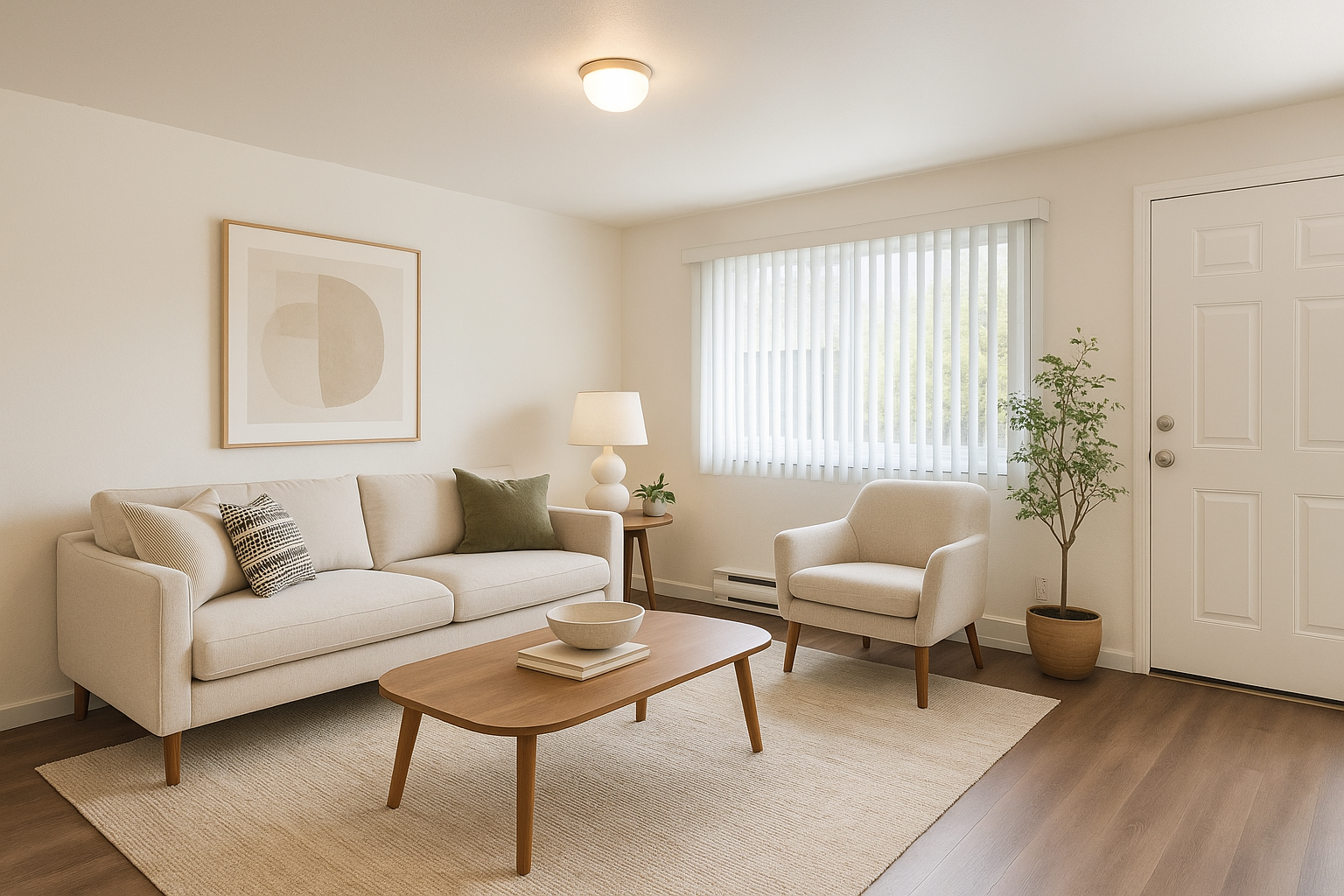 A living room with a couch , chair , coffee table and window.