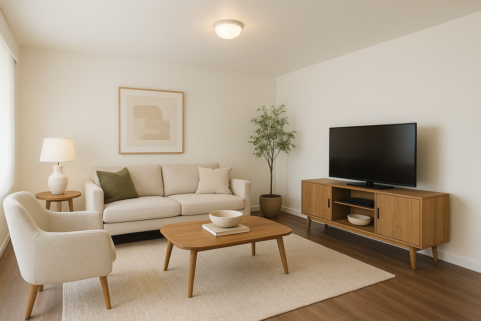 A living room with a couch , chairs , coffee table and television.