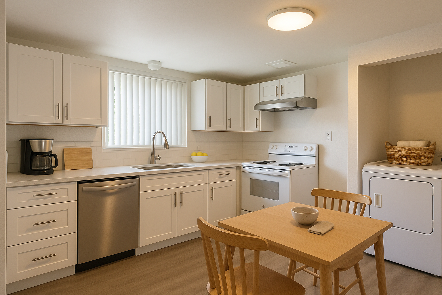 A kitchen with white cabinets , stainless steel appliances , a table and chairs.