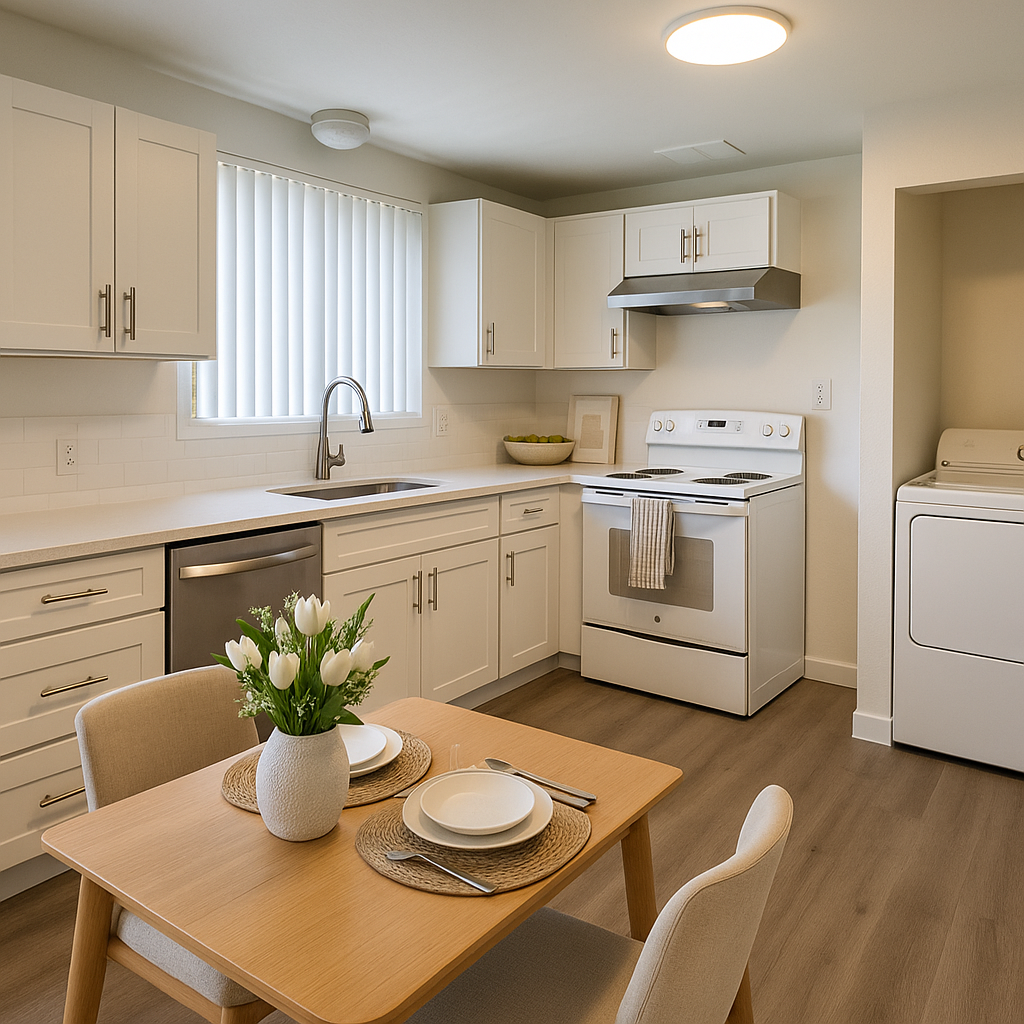 A kitchen with a table and chairs and a stove