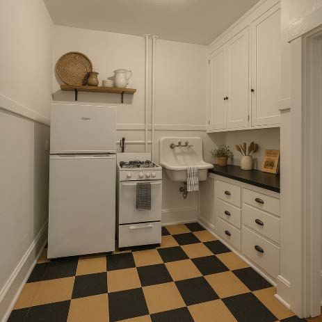A kitchen with a checkered floor and a stove and refrigerator
