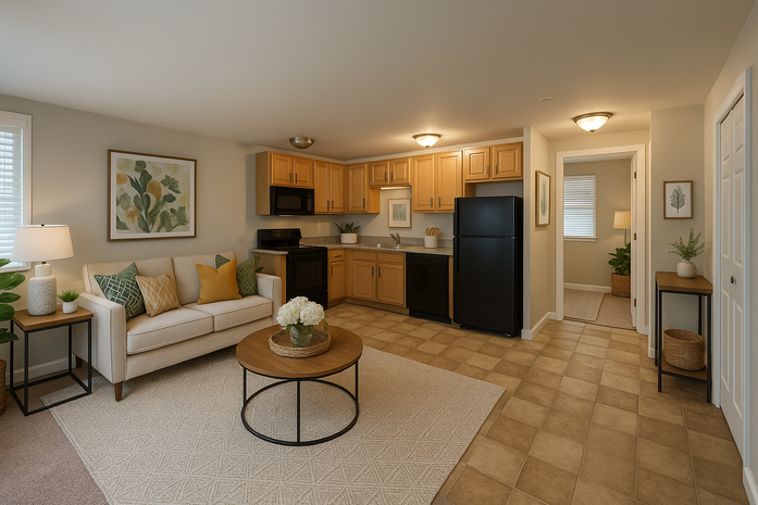 A living room with a couch , coffee table , and kitchen.