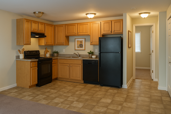 A kitchen with wooden cabinets and a black refrigerator
