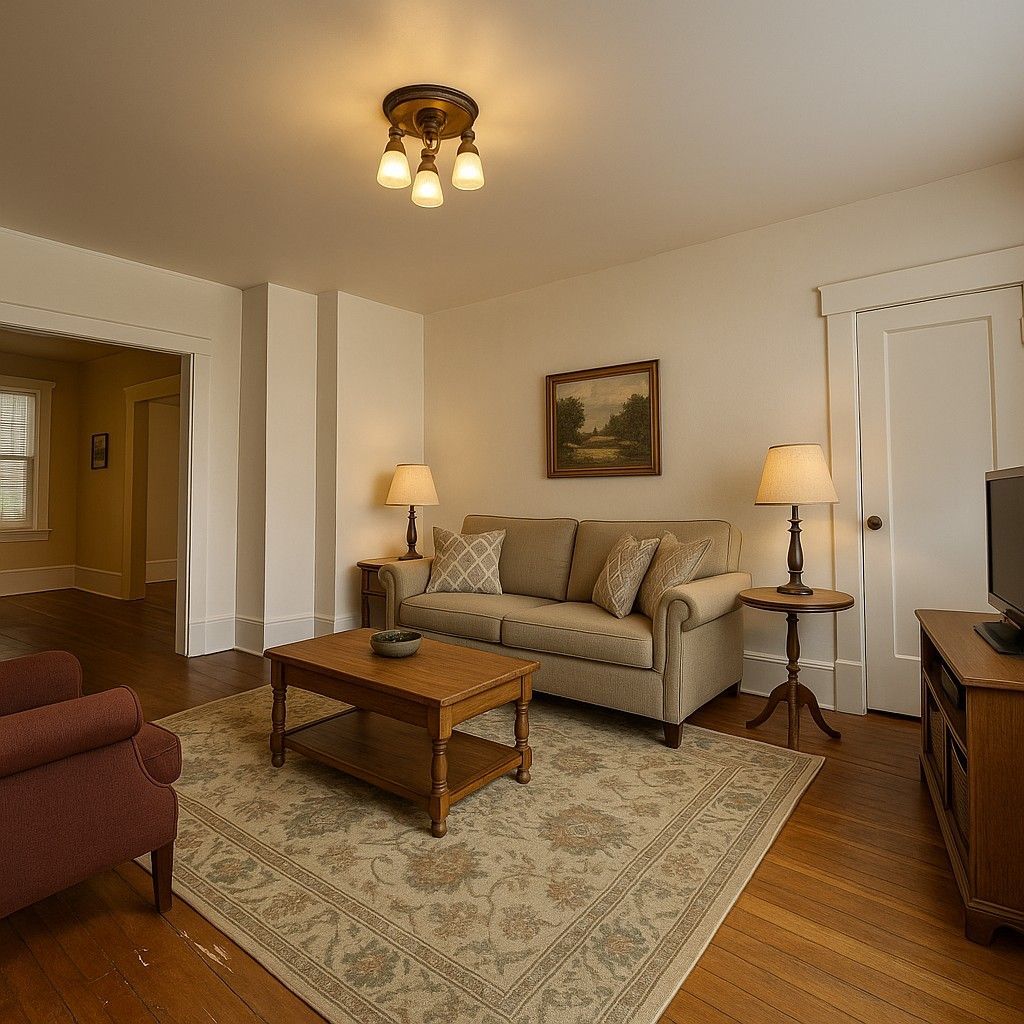 A living room with a couch and a coffee table