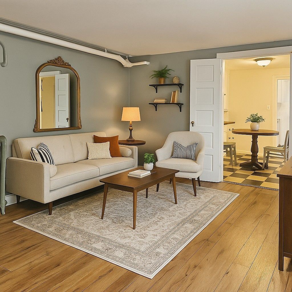A living room with a couch a chair and a coffee table