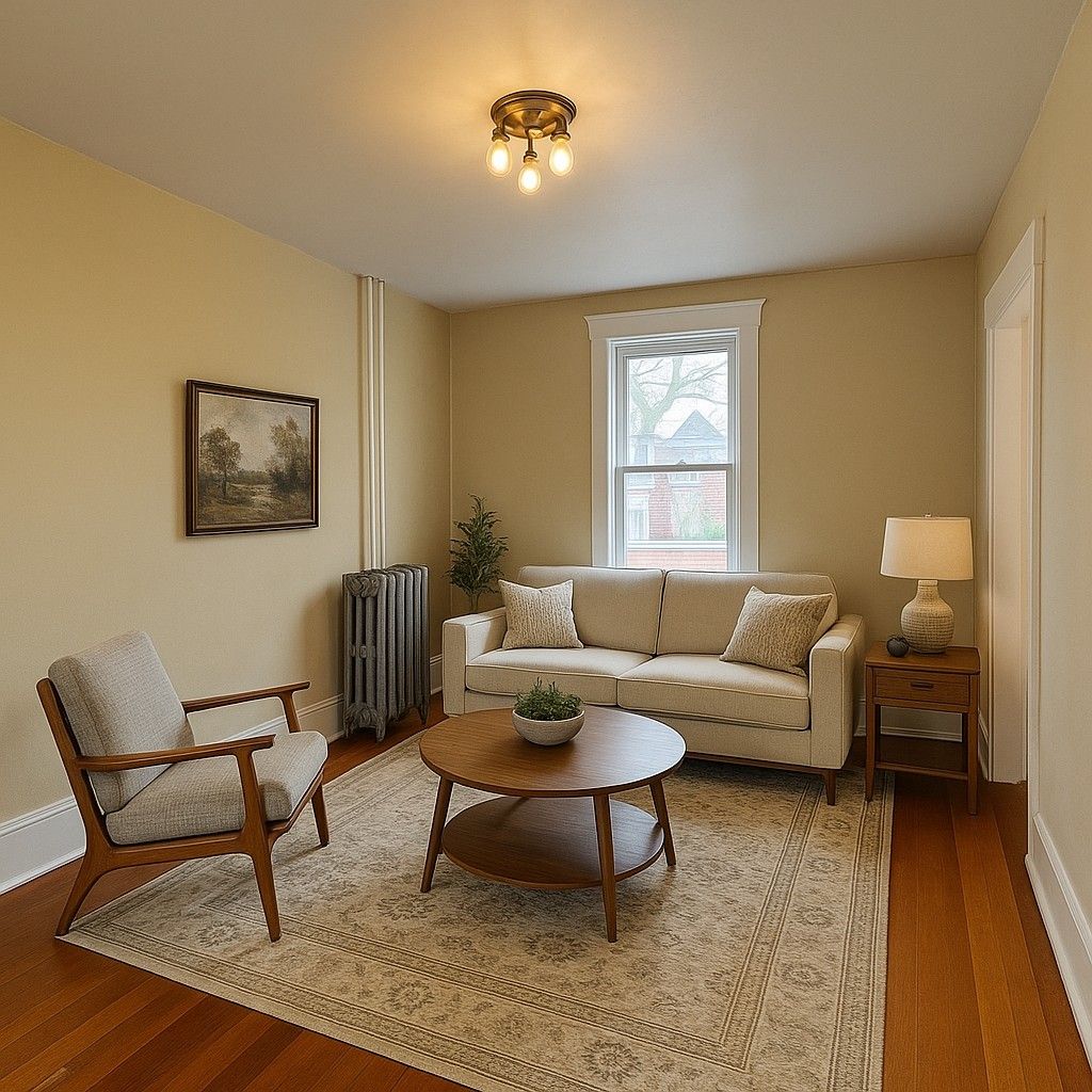 A living room with a couch , chair , coffee table and lamp