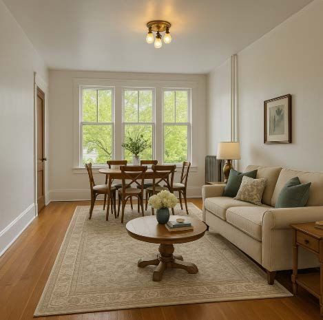 A living room with a couch a table and chairs