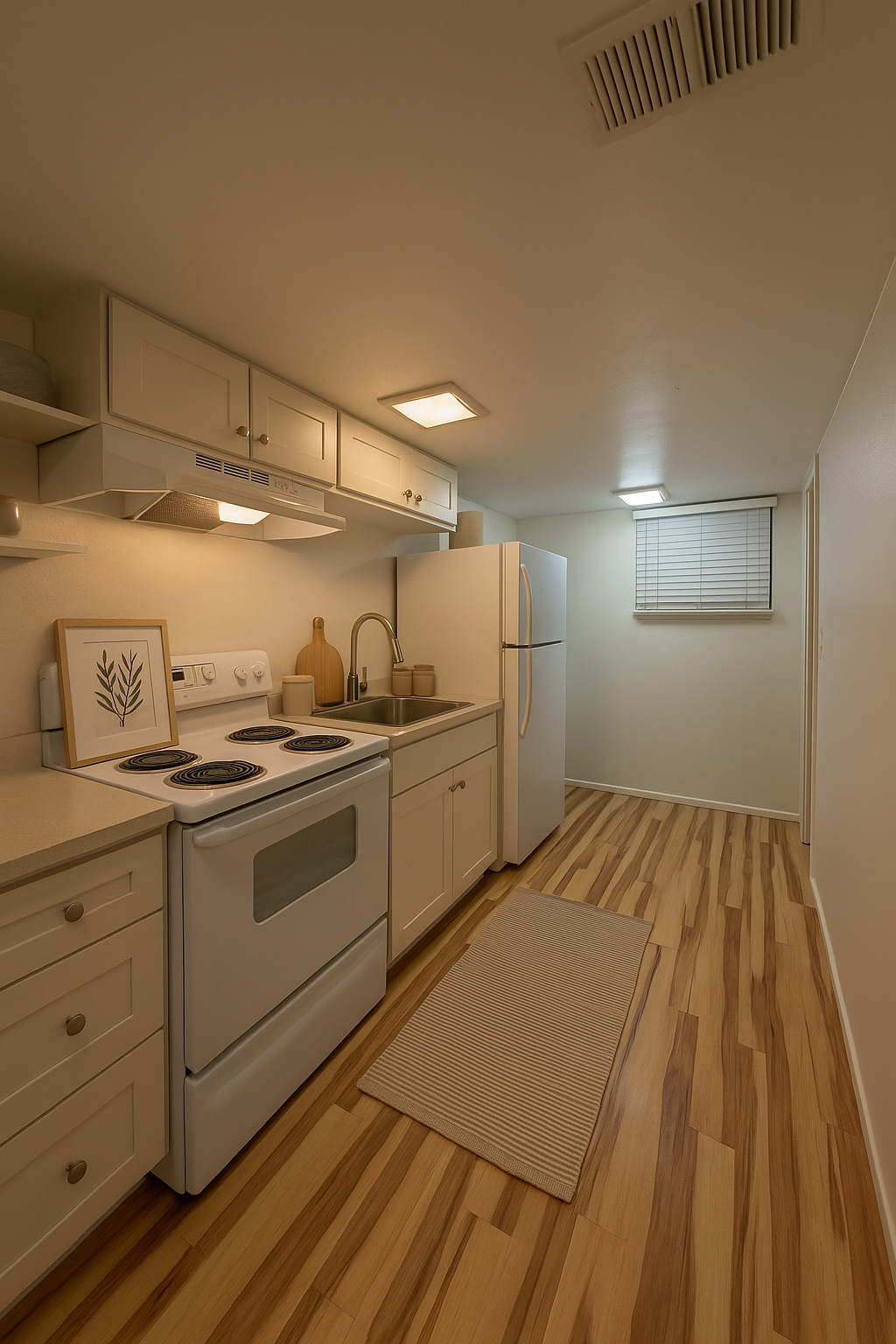 A kitchen with a stove , refrigerator , sink and wooden floors.