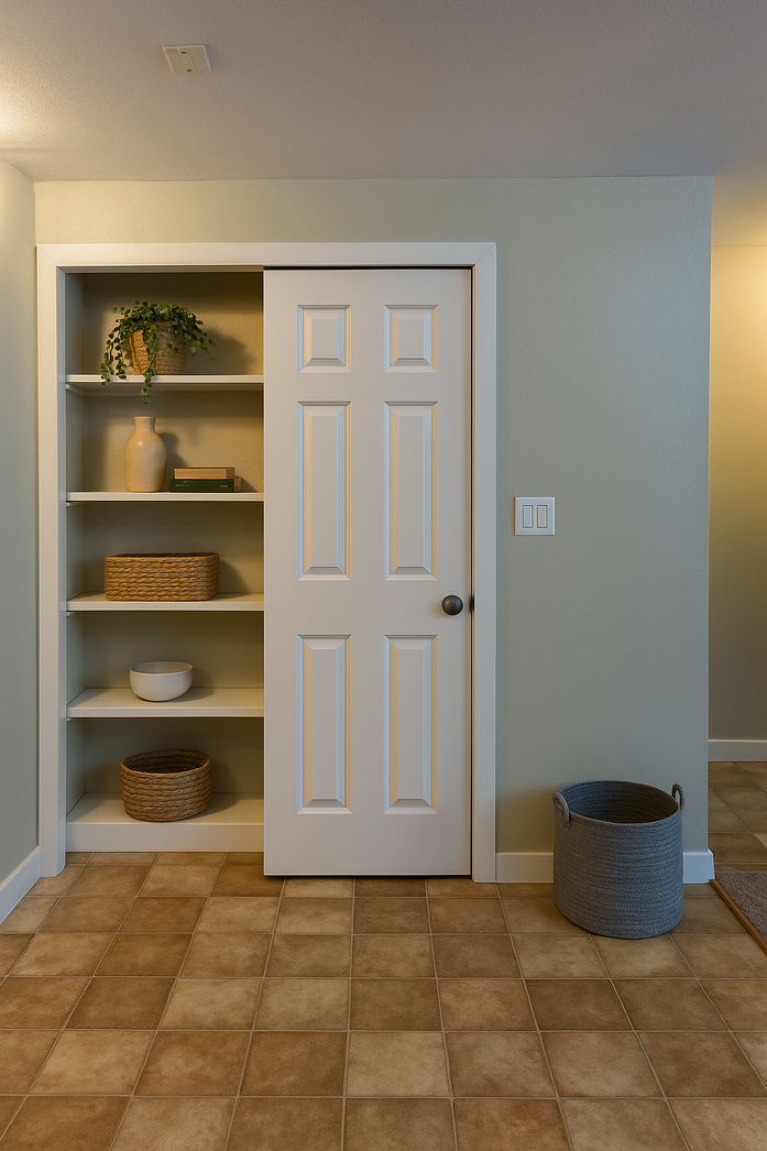 A living room with a couch , coffee table , and window.