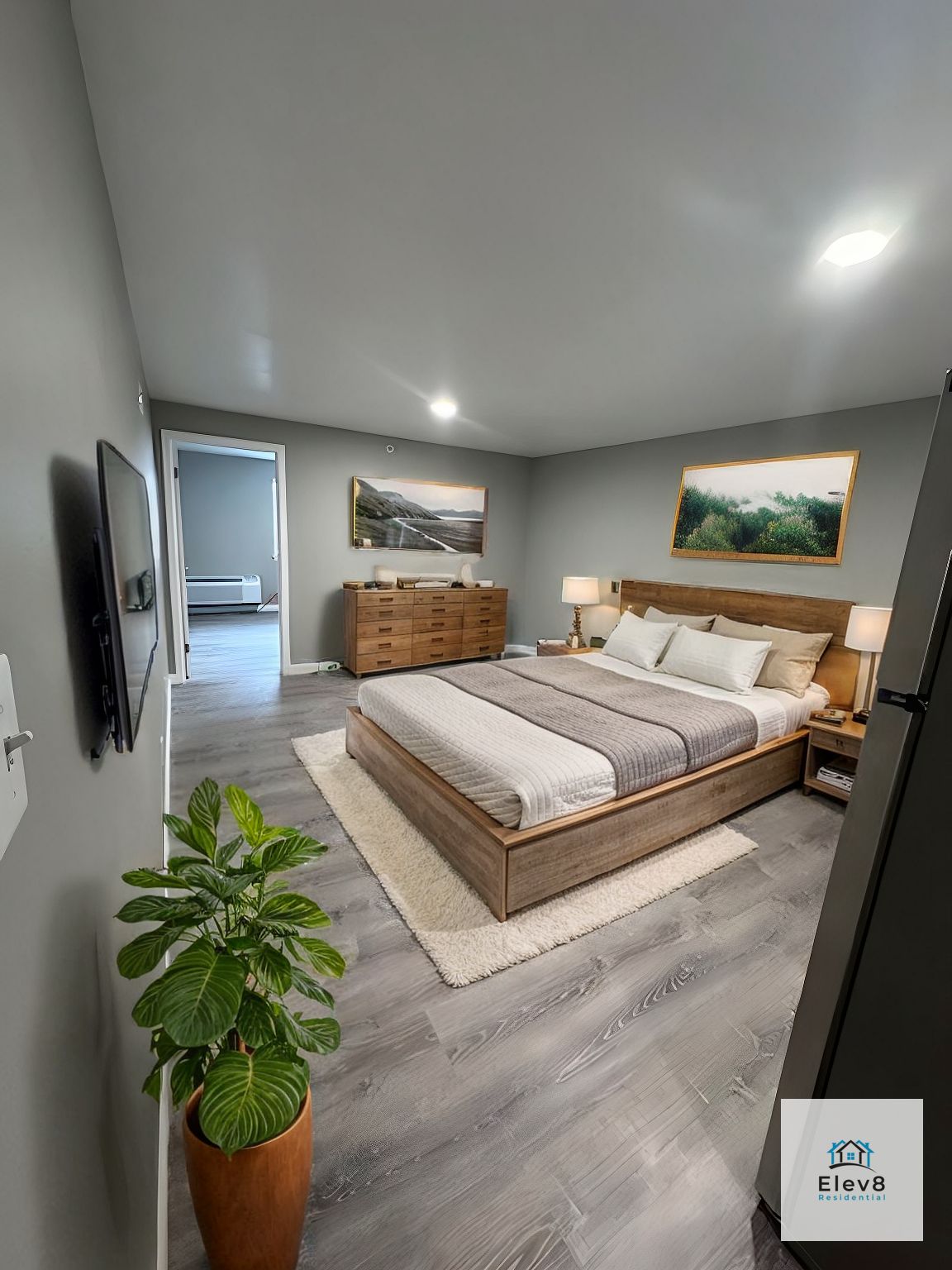 Virtual staging of a bedroom, seen from the door point of view