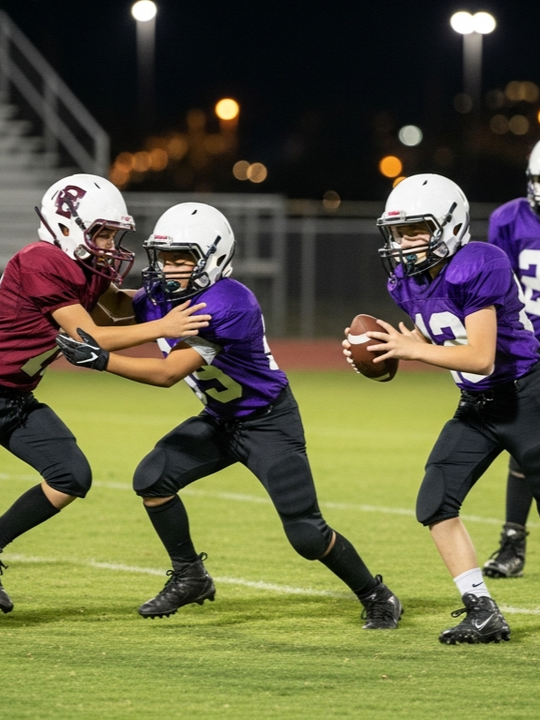 Football players in action on a grassy field; one runs with the ball, pursued by two opponents.