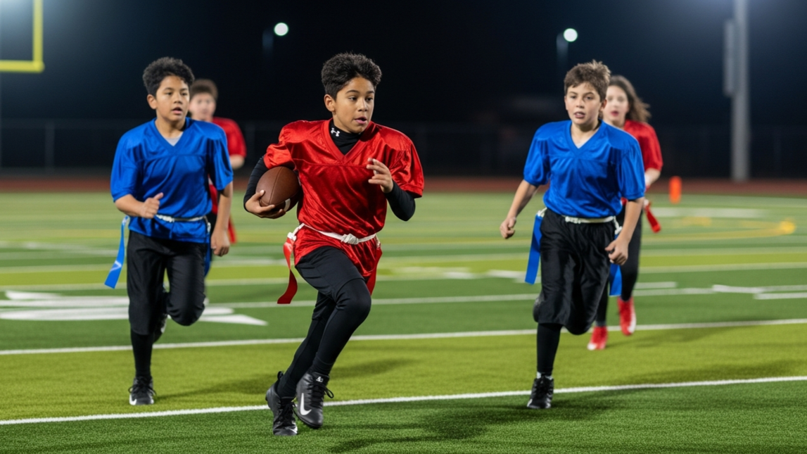 Flag football game at night, a player in red jersey runs with the ball as others pursue on a green field.