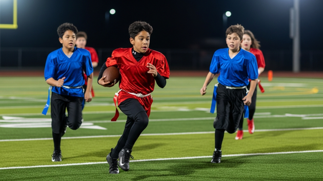 Flag football game at night, a player in red jersey runs with the ball as others pursue on a green field.
