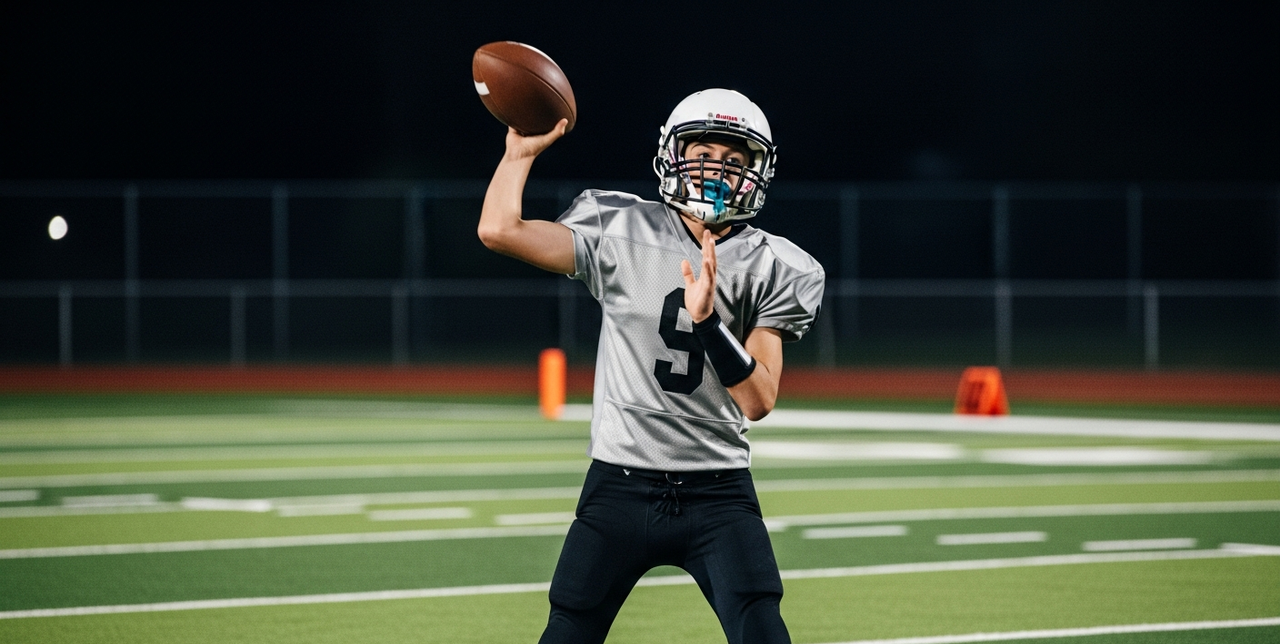 Football player in silver uniform runs with ball on a green field.