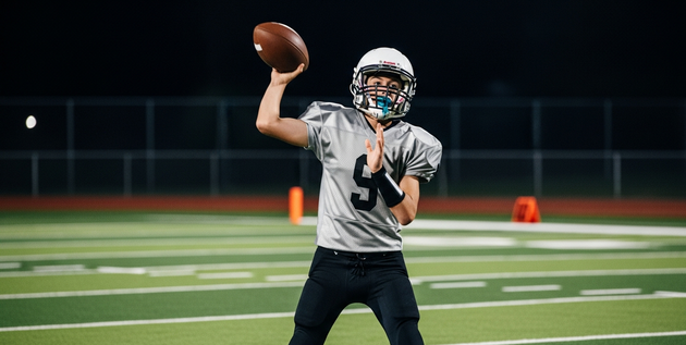Football player in silver uniform runs with ball on a green field.