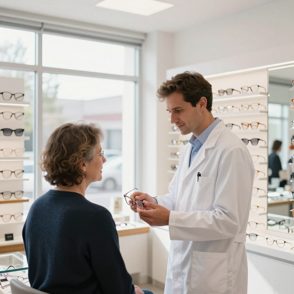 Un optometrista con bata blanca le muestra un par de gafas a un paciente en una óptica.