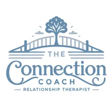 Logo for The Connection Coach featuring a tree growing from an arched bridge in blue text on a white background.