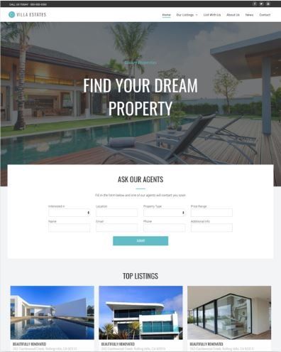 Real estate website homepage with search form, luxury home image, and listings.