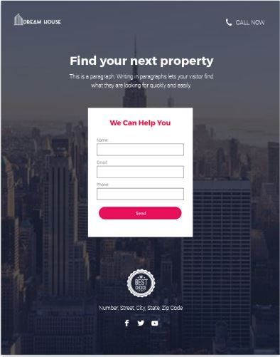Website with form to find property, cityscape background, white form, pink 