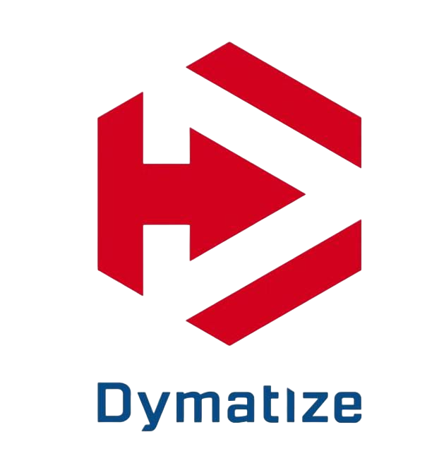 Flecha roja dentro de un hexágono, logotipo de Dymatize, texto azul.