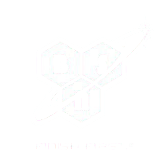Logotipo geométrico blanco con una línea diagonal, texto debajo.