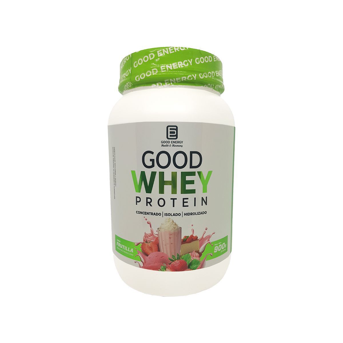 Envase blanco de Good Whey Protein con imagen de batido de fresa.