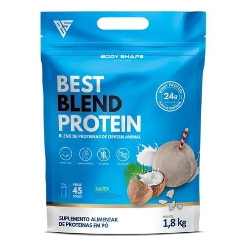 Bolsa de proteína en polvo de color azul con ilustración de "Best Blend Protein" y coco.