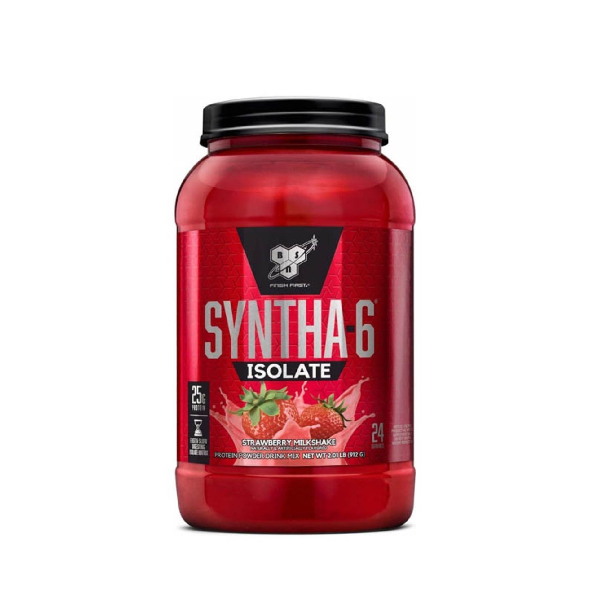 Envase rojo de proteína en polvo Syntha-6 Isolate, sabor fresa, con fresas y chorrito de líquido.