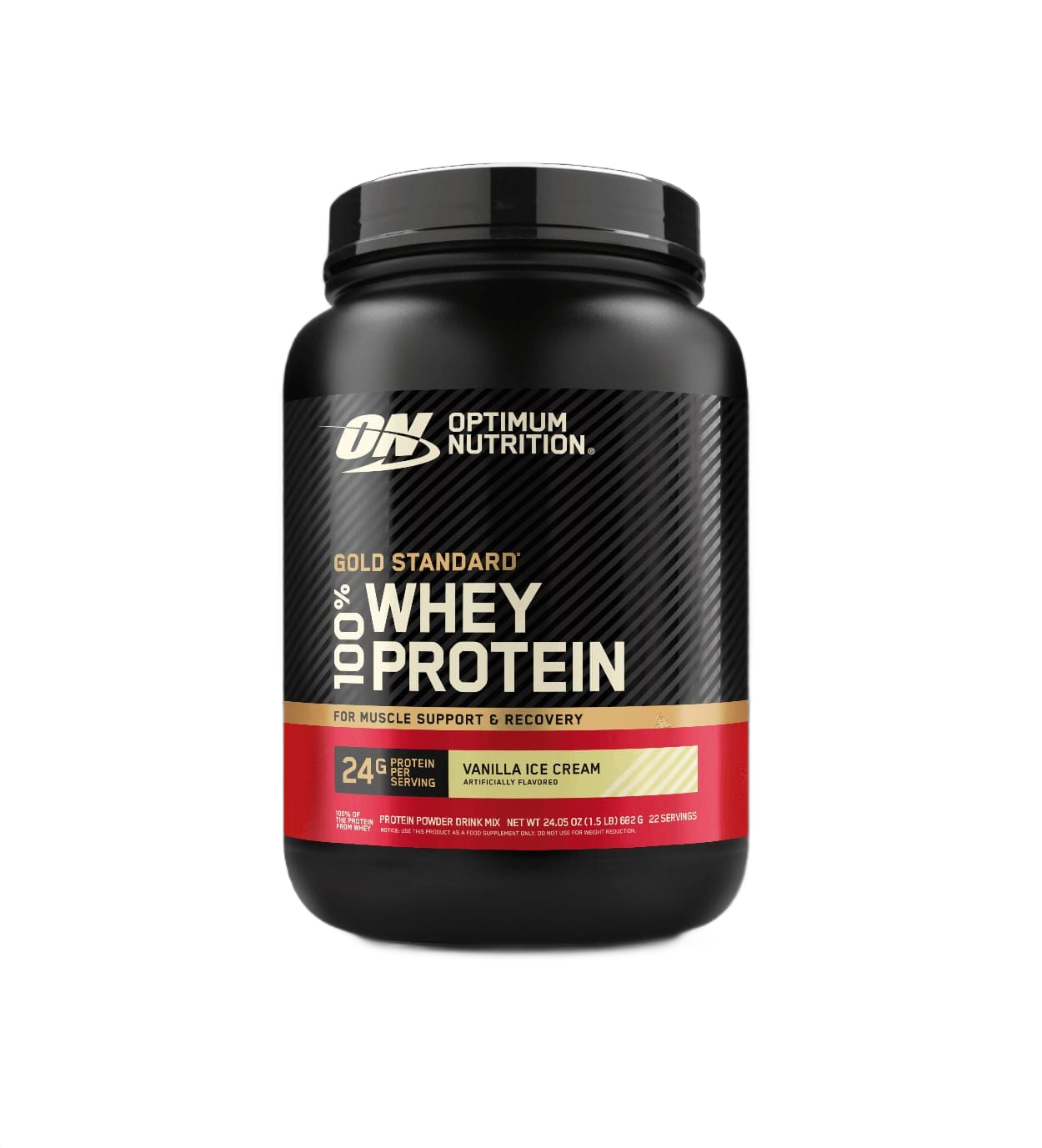 Envase negro de Optimum Nutrition Gold Standard 100% Whey Protein sabor vainilla.