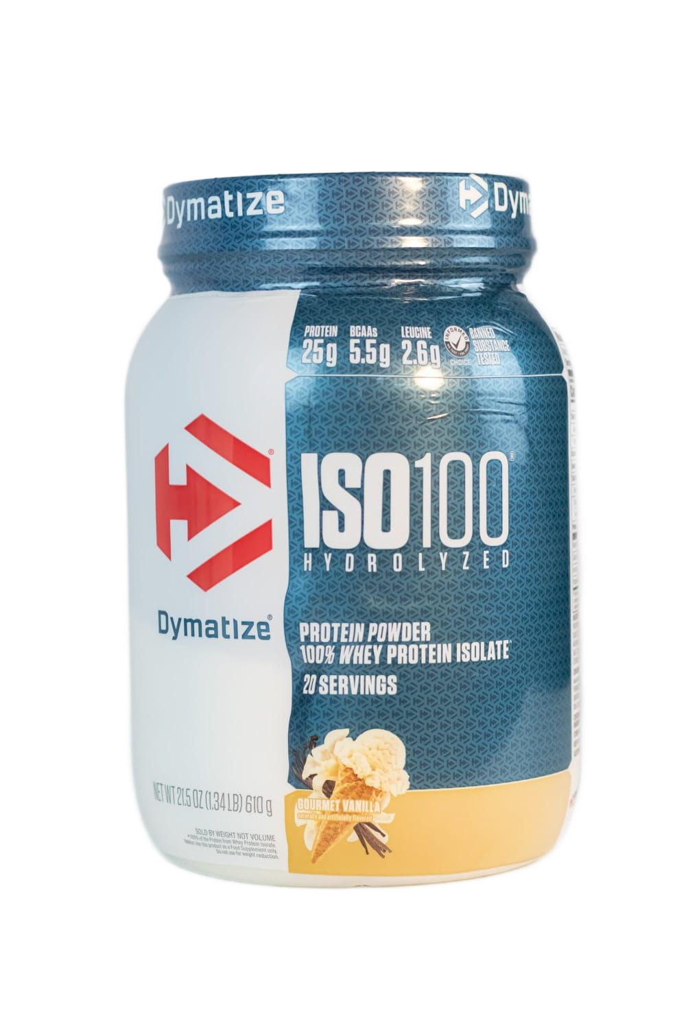 Envase de proteína en polvo Dymatize ISO 100. Sabor vainilla. Blanco, azul claro y canela. Contiene 25 g de proteína.
