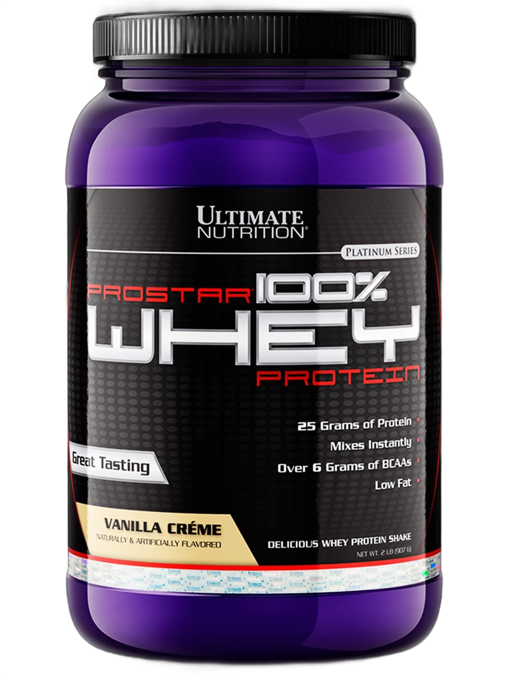 Envase morado de Ultimate Nutrition Prostar 100% Whey Protein sabor Crema de Vainilla.