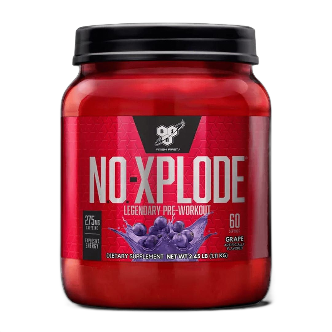 Un envase de suplemento pre-entrenamiento NO-XPLODE rojo. Sabor a uva, con uvas moradas oscuras en la etiqueta.