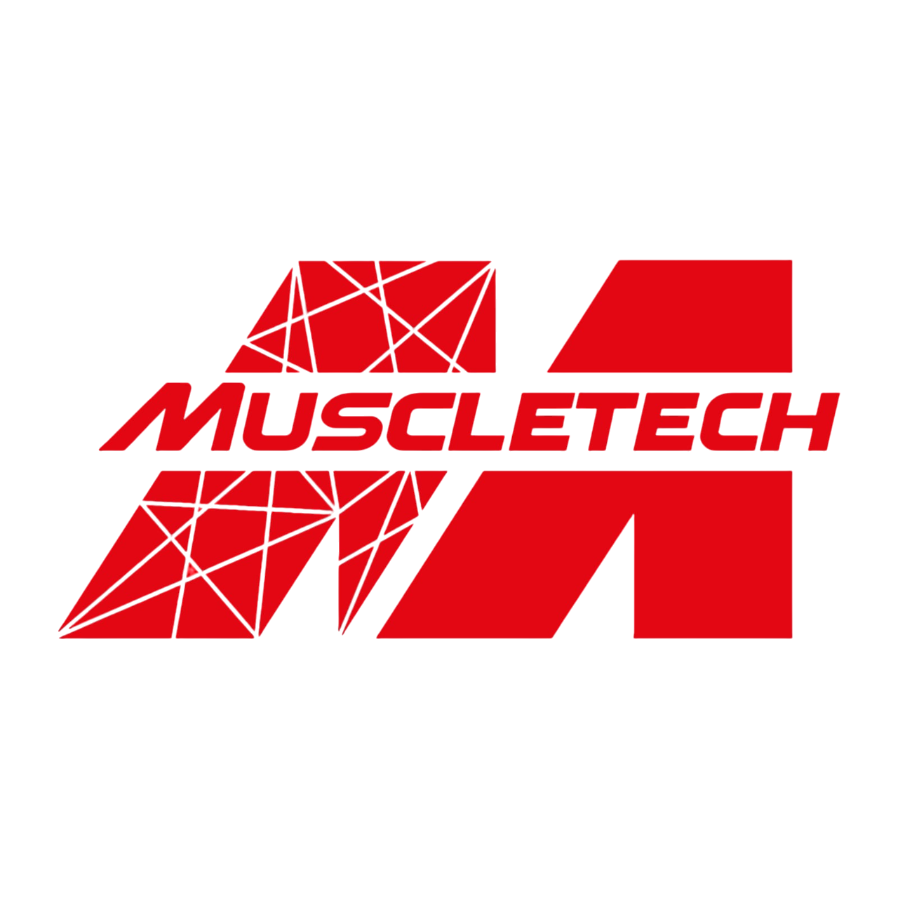 Logotipo de MuscleTech: diseño rojo y blanco con el nombre de la marca y una forma geométrica abstracta.