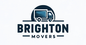 A company logo for Brighton Movers with a blue truck and darker blue circle behind it, with the company name below