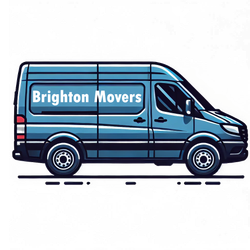 A clip art style picture of a blue sprinter van with the name Brighton Movers on the side.