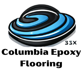 A logo for columbia epoxy flooring with a blue and black swirl