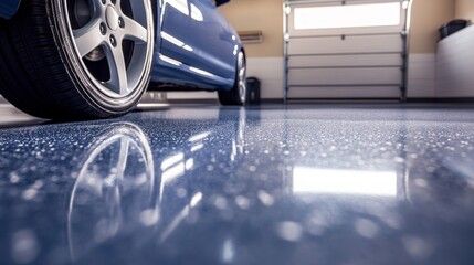 A blue car is parked in a garage with a shiny floor.