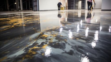 A man is cleaning the floor of a building with a vacuum cleaner.