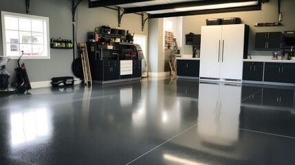 A large garage with a shiny concrete floor and white cabinets.