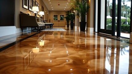 A hallway with a shiny floor and a lot of windows.