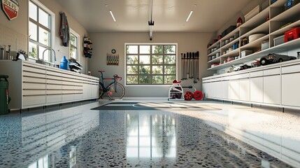 A garage filled with lots of storage space and a bicycle.