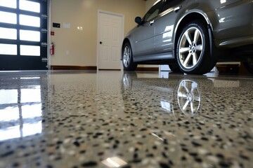 A car is parked in a garage with a shiny floor.