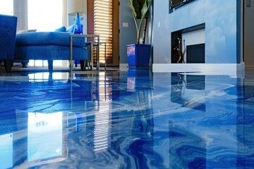 A living room with a blue floor and a fireplace.