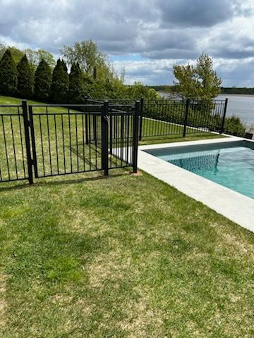 Une clôture noire entoure une piscine dans le jardin avec vue sur un lac et des arbres. De l'herbe verte au premier plan.
