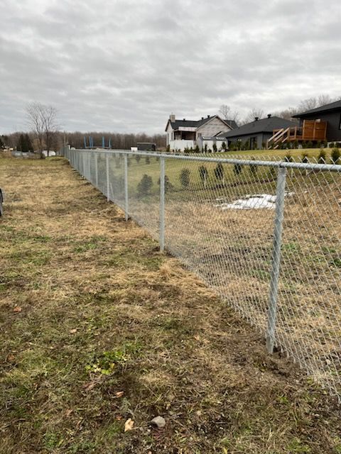Clôture grillagée dans une cour herbeuse, avec des maisons en arrière-plan par une journée nuageuse.