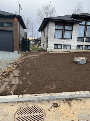 Une pelouse fraîchement ensemencée entre deux maisons, avec une pierre et un drain au premier plan.
