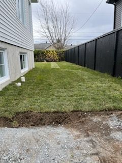 Une cour arrière avec de l'herbe verte et une clôture noire, à côté d'une maison de couleur claire.