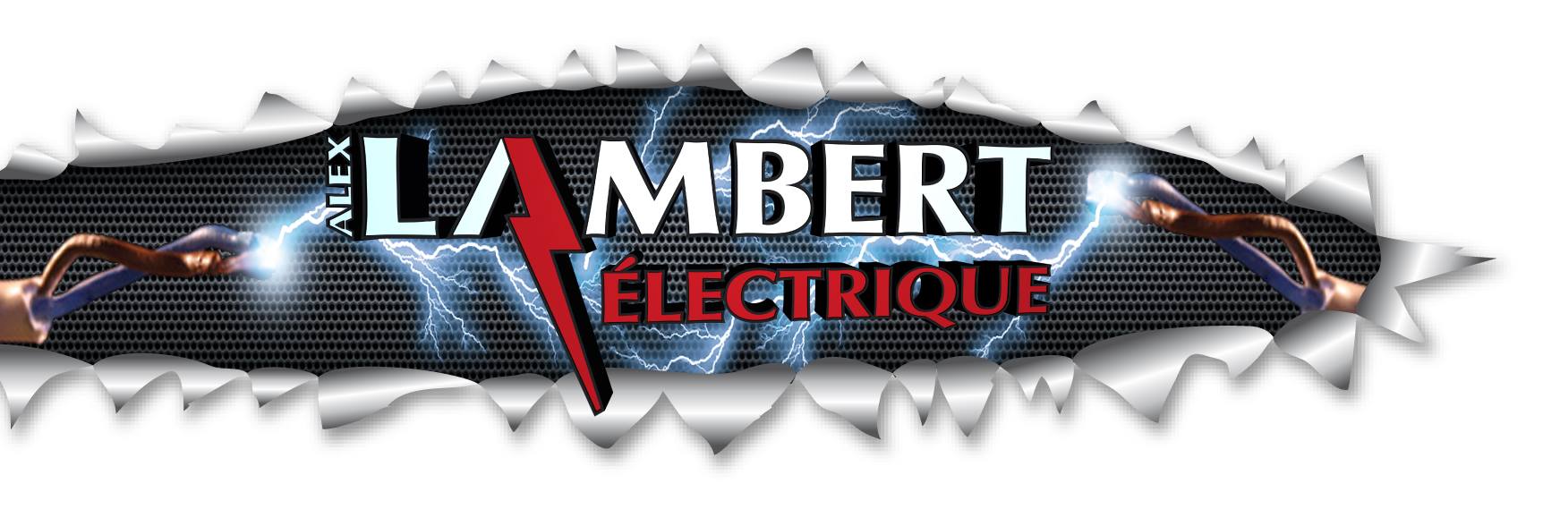 Logo pour Lambert Électrique, services électriques; éclair rouge avec texte sur fond noir, effet papier déchiré.